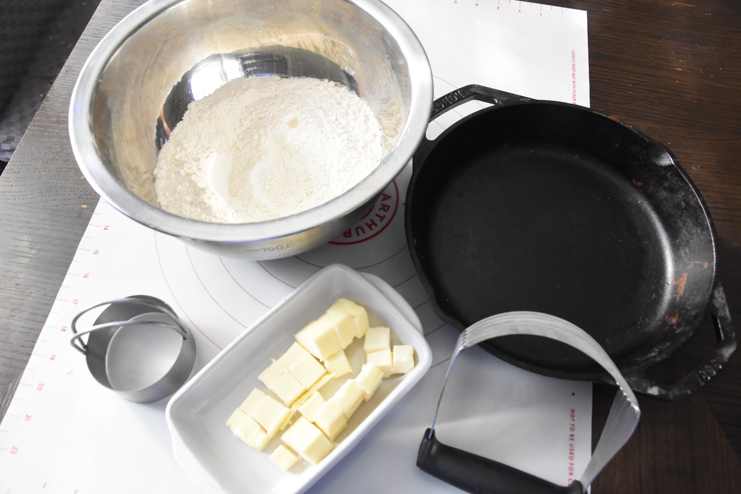 Butter, flour and cast iron pan